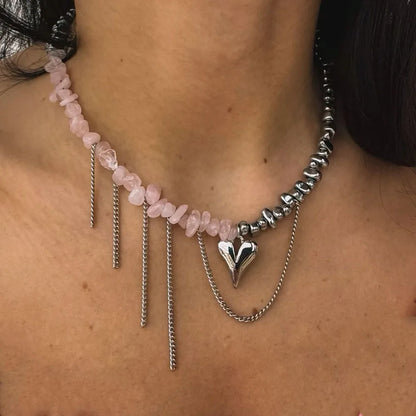 Heart Pendant Necklace With Pink Stone Beads And Irregular CCB Chain