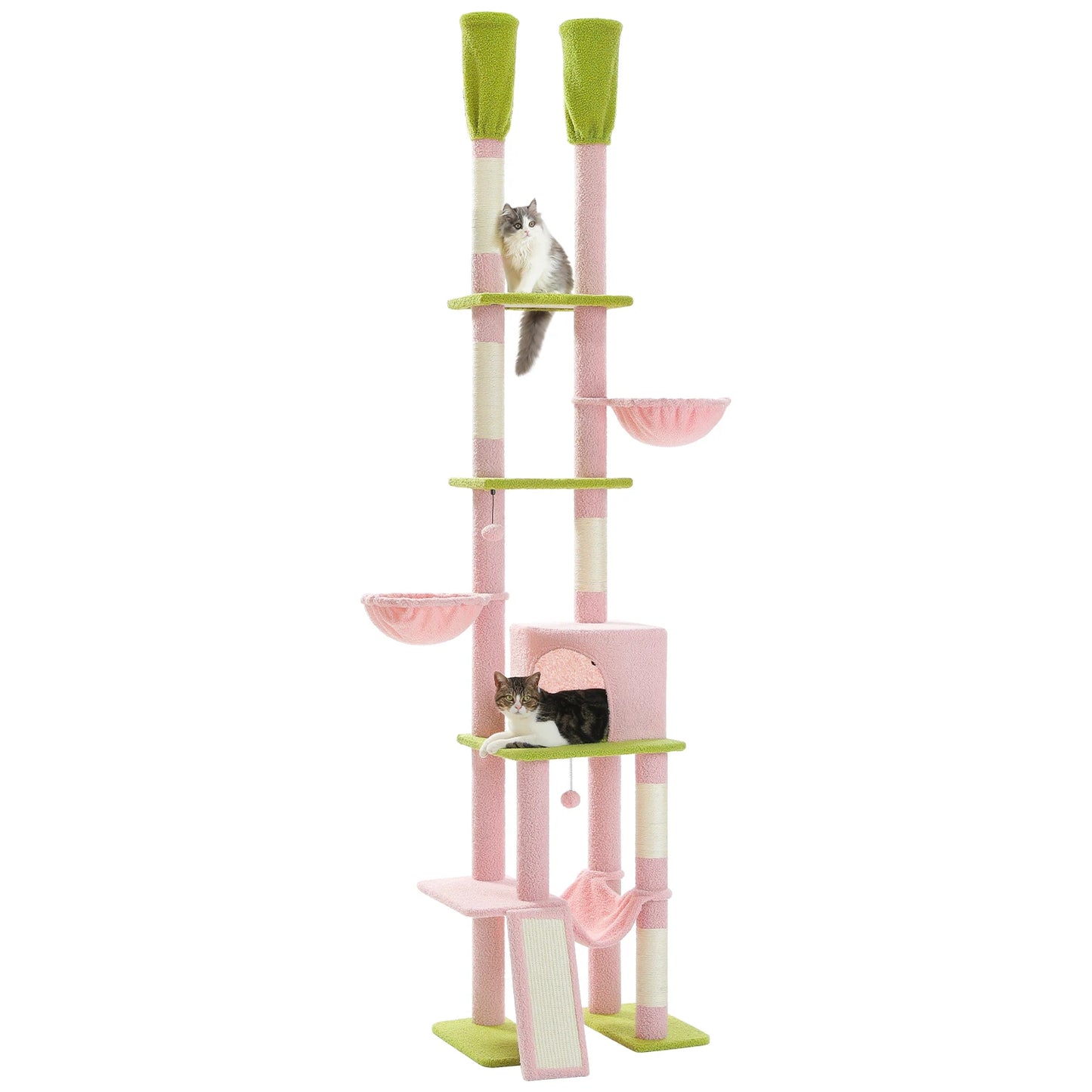 Floor to Ceiling Cat Tree with Sisal Scratching Posts Cozy Condo Hammock Adjustable Height Tall Cat Tower for Indoor Cat Toys