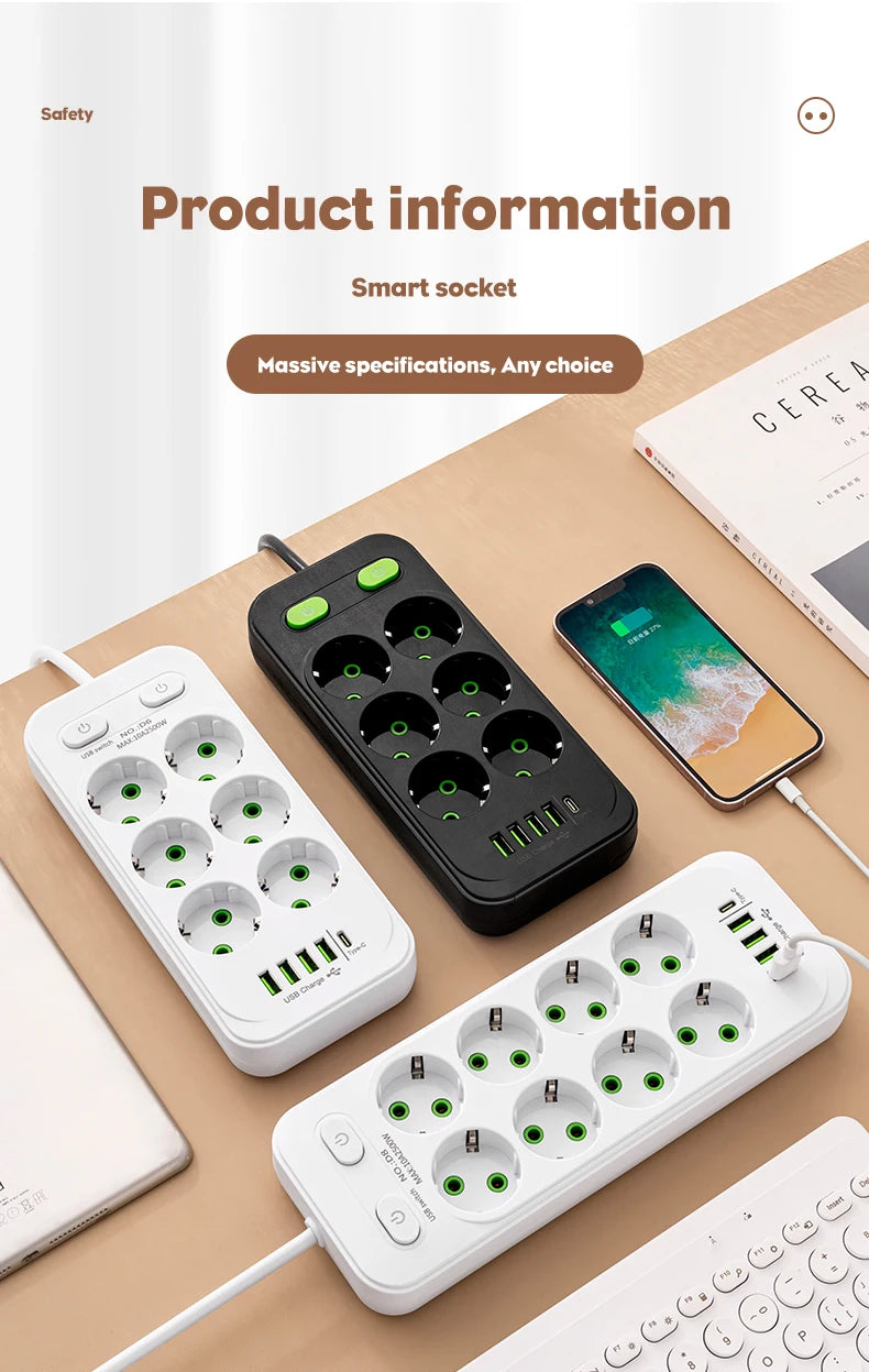 EU Plug Power Strip 6 AC Outlet Multitap Extension With 5 USB Ports 3m Cord Electrical Socket 2500W Fast Charge Surge Protector