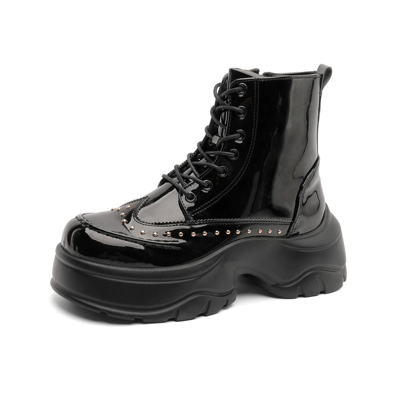 Mid-Calf Leather Motorcycle Boots With Rivet And Lace-Up 4.5 cm Thick Sole