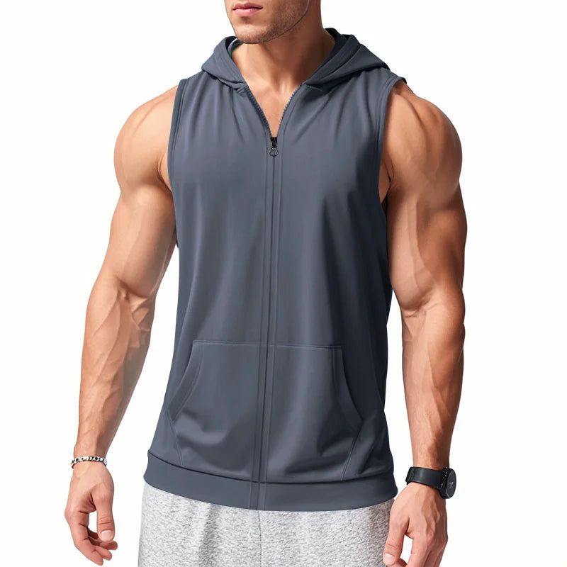 Summer Men's Hooded Zipper Tank Tops Casual Fitness Sports Vest Fashion Zipper Sleeveless Cardigan Tees Tops Male running Vest