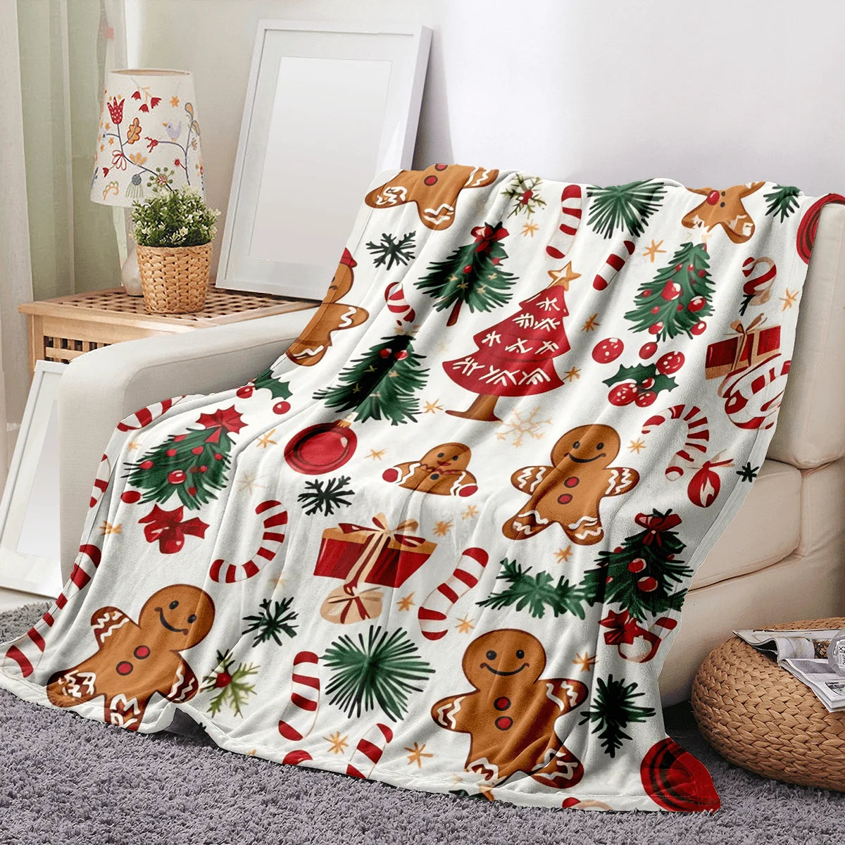 Ultra-Soft Christmas Flannel Throw Blanket – Gingerbread Wonderland Holiday Decor