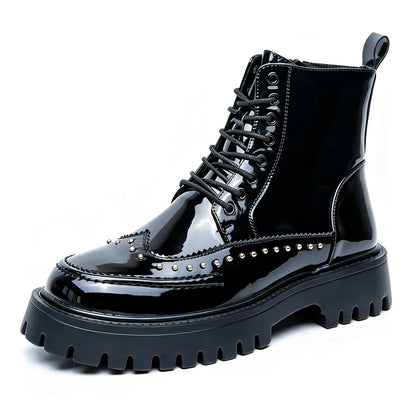 Men's Mid-Calf Leather Motorcycle Boots Pointed Toe Lace-Up