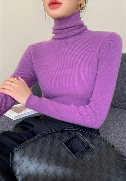 Women's Turtleneck Knit Pullover Sweater, Slim Fit, Long Sleeve, Solid