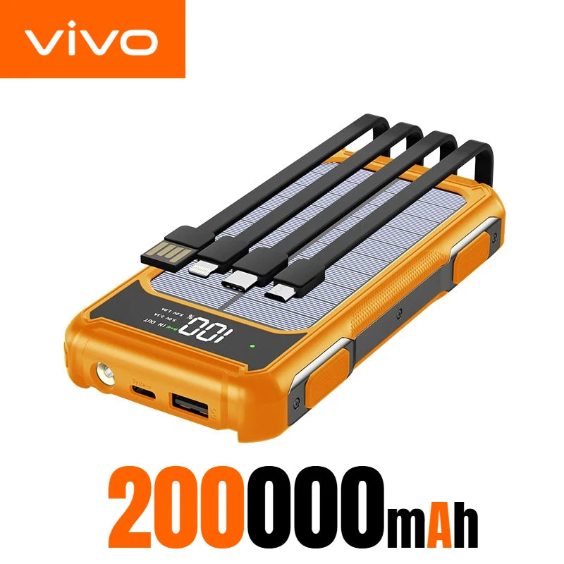 VIVO 200000mAh Solar Power Bank Large Capacity 4 in 1 Built in Cables Intelligent Digital Display Laser Light For Samsung