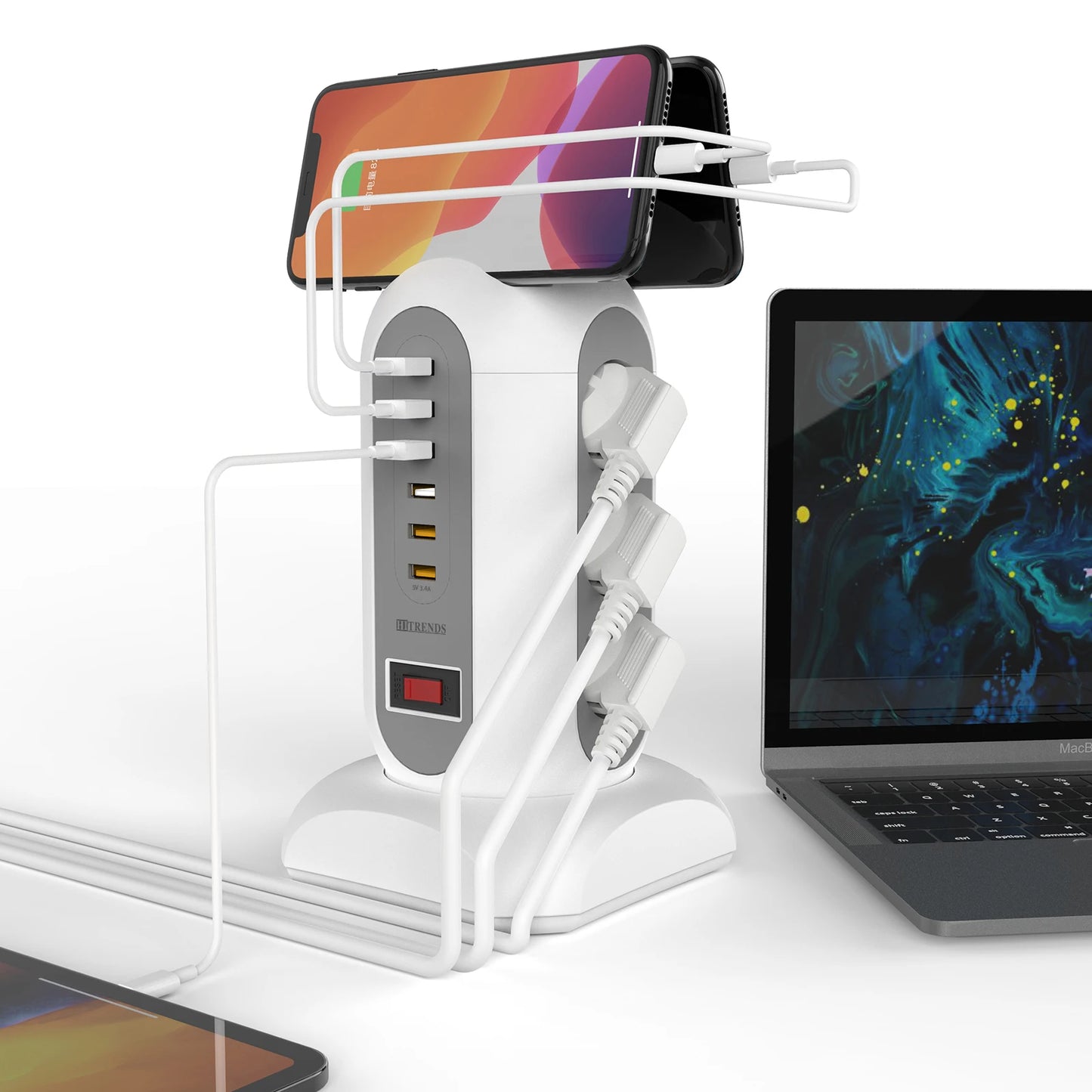 9 way Multiple Socket Power Strip with 6 USB Vertical EU Outlets Tower Socket with 1.8M Extension Cord Surge Protection for home