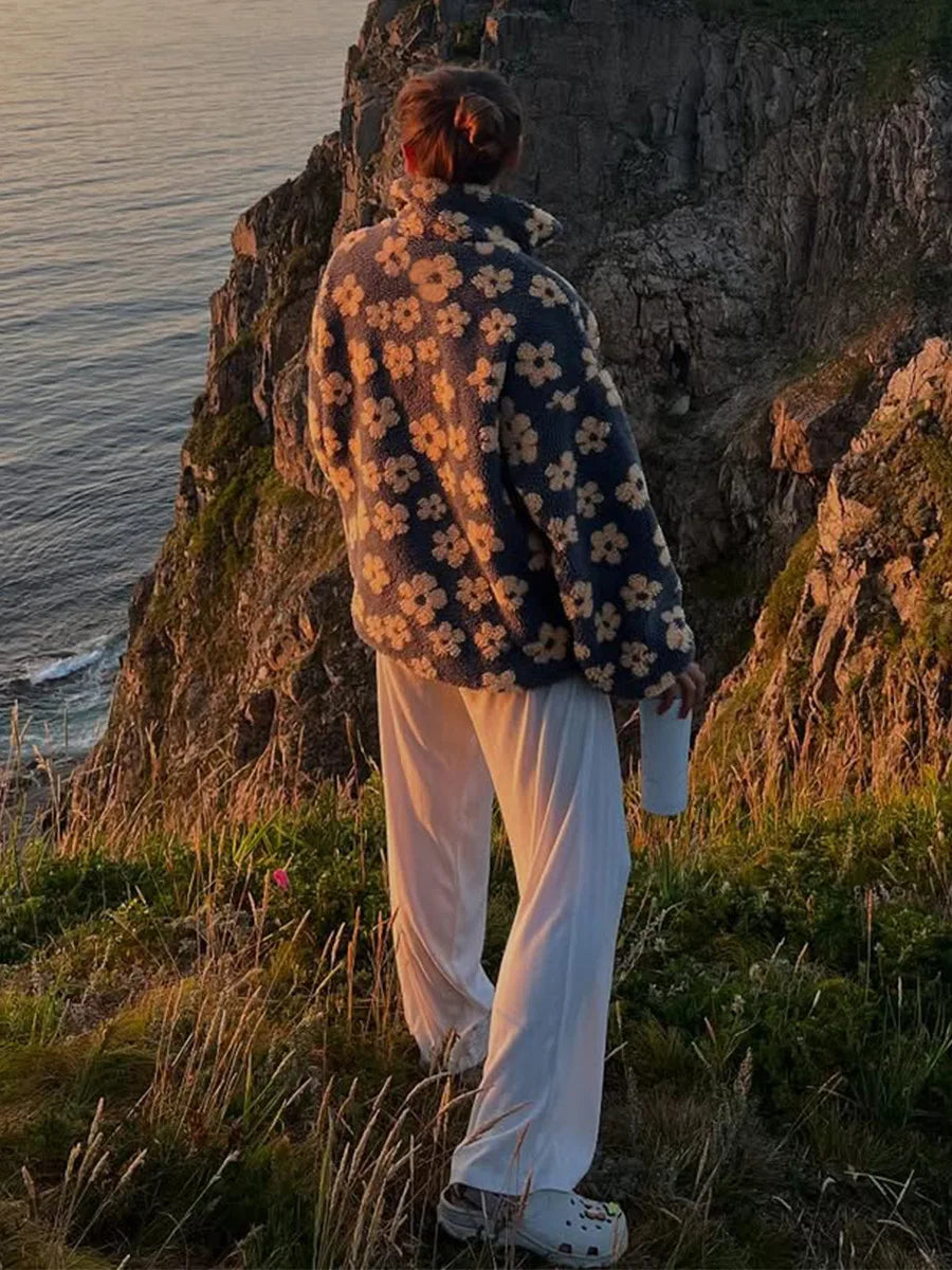 Blubelle New Autumn Winter Women's Sherpa Floral Pullover Hoodies Half Zip Style Loose Fit Warm Stylish Sweatshirt