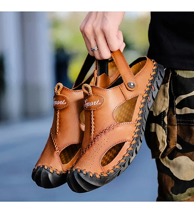 Men Cowhide Sandals Slip On With Rubber Bottom Casual Outdoor