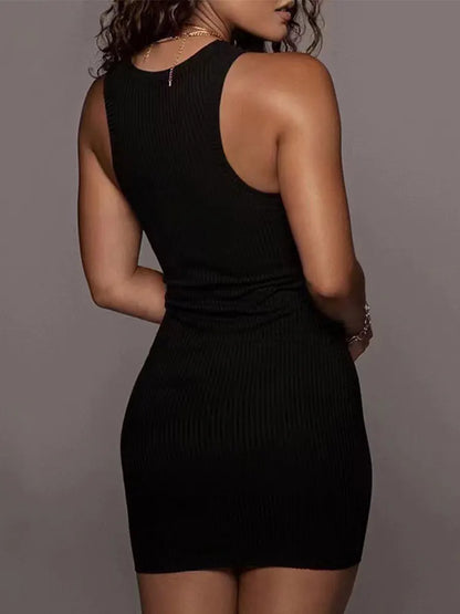 Black Ribbed Bodycon Sleeveless Mini Dress Polyester Women