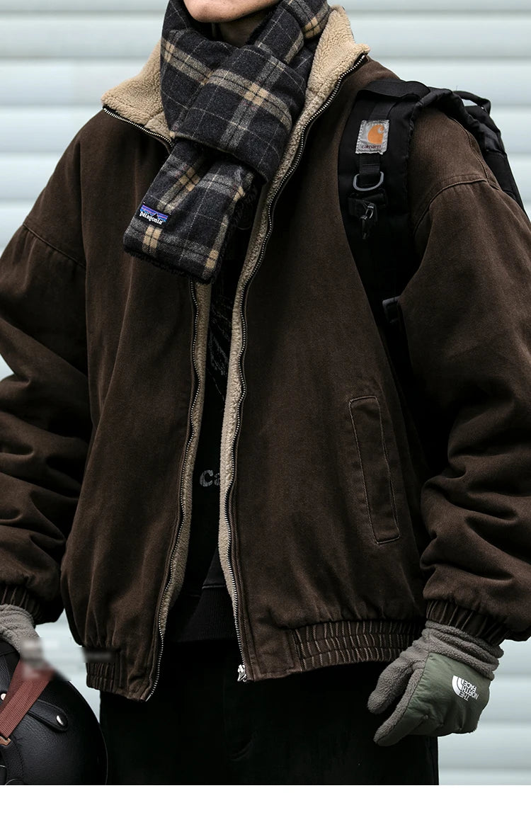 Japanese Vintage Polar Fleece Jacket Men Winter High Quality Thick Jacket Korean Streetwear Loose Couple Trendy Warm Coat Male