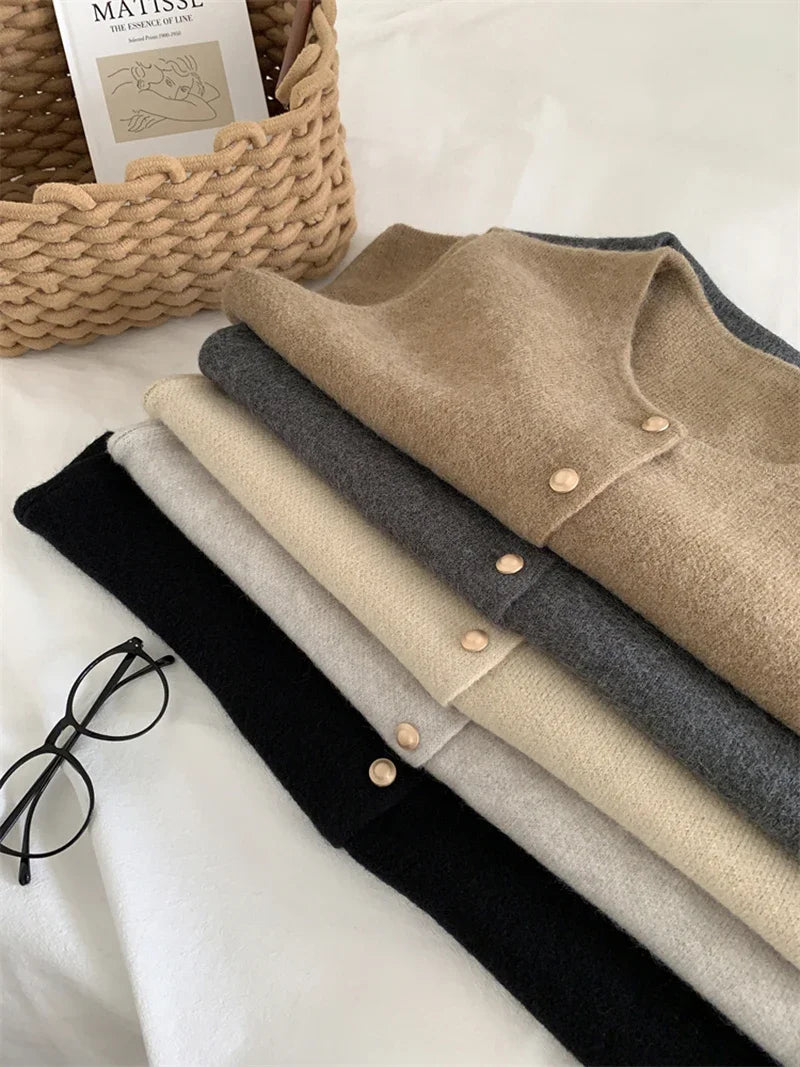 Women Sweater Vest Gold Button Up Waistcoat Soft Knitted Sleeveless Cardigan Jacket Top Fall Winter Korean Ladies Chic Outfit
