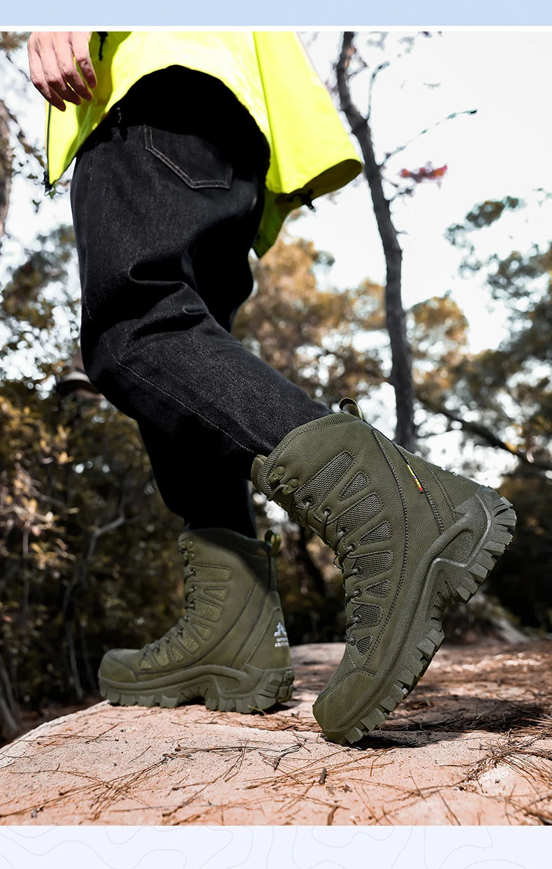 High-Top Leather Men's Boots Breathable Desert Combat Boots Outdoor Non-slip Hiking Boots Men Motorcycle Boots Work Ankle Boots