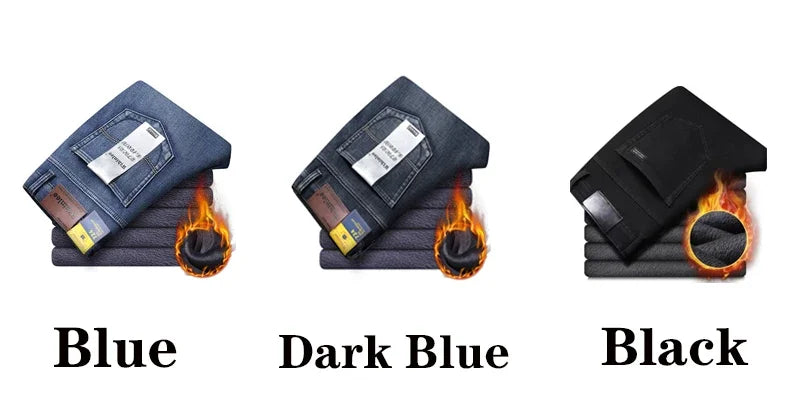 Winter Thermal Warm Flannel Stretch Jeans Mens Winter Quality Famous Brand Fleece Pants Straight Flocking Trousers Denim Jean