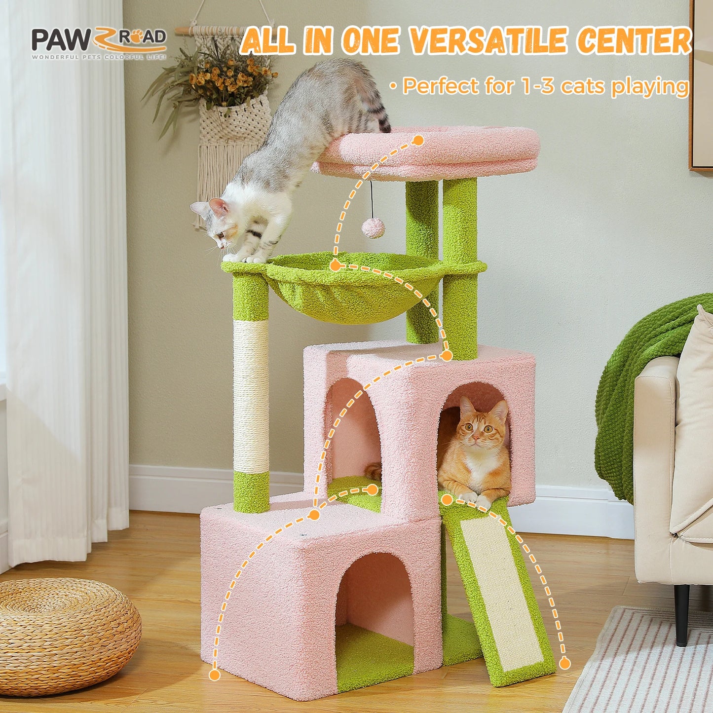 Large Cat Tree for Indoor Cats, Multi-Level Cat Tower with Sisal Scratching Post, 2 Spacious Condo, Cat Scratching Pad, Cat Toys