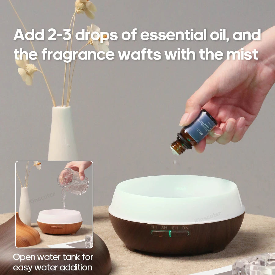 KINSCOTER Wood Grain Aromatherapy Diffuser 300ml Essential Aroma Oils Ultrasonic Air Humidifier 3 Timers USB Color Light