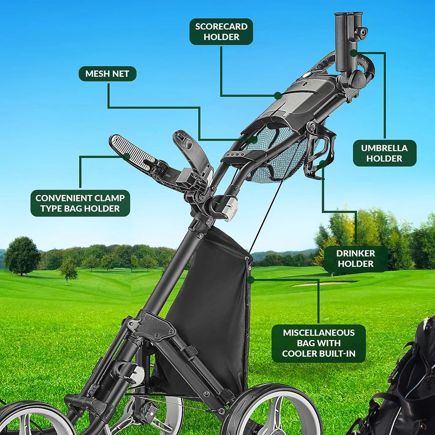 Factory Price Golf Cart 4 Wheels Golf Trolley Cart Folding Golf Push Trolley With Umbrella Holder