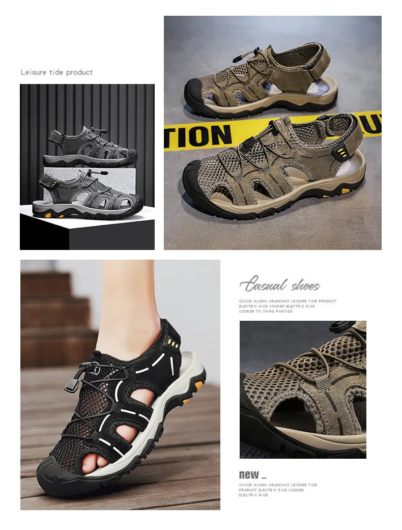 Genuine Leather Men's Sandals With Hook and Loop Closure