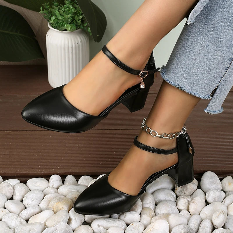 Thin Strap Pump With Bowknot Buckle, Pointed Toe, Square Heel