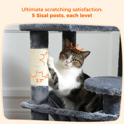 Cat Tree Tower With Five Levels, Wood Frame, Plush Fabric, Sisal
