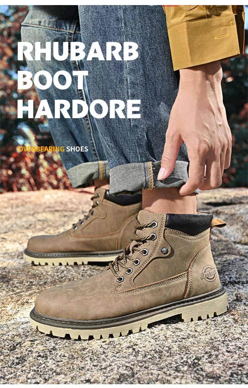 Leather Men Work Boots Mid Calf Ankle High Top Non Slip