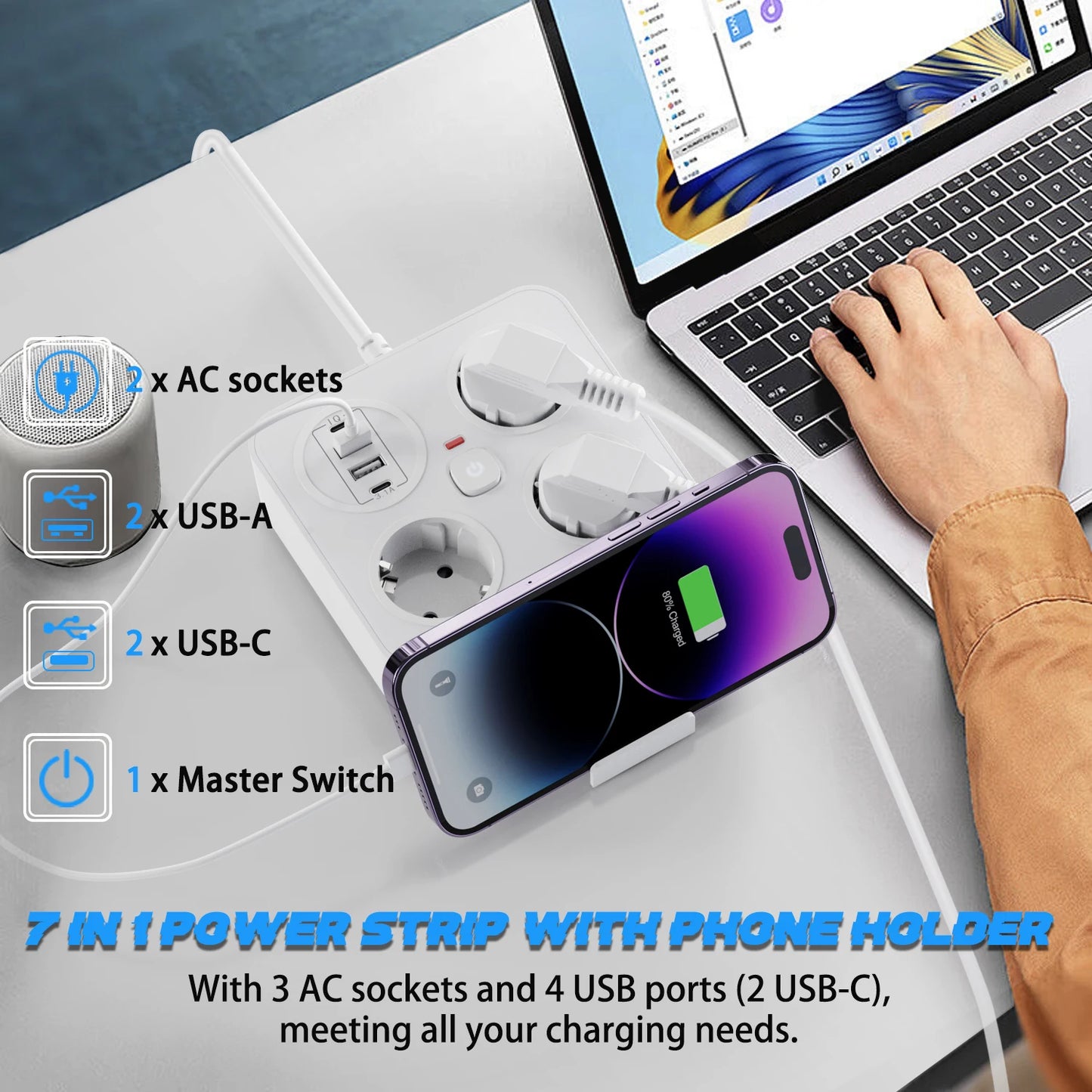 European plug extension cord power strip with 3AC+2USB-A+2USB-C with switch multi-contact socket 13A 250V 3250W surge protector