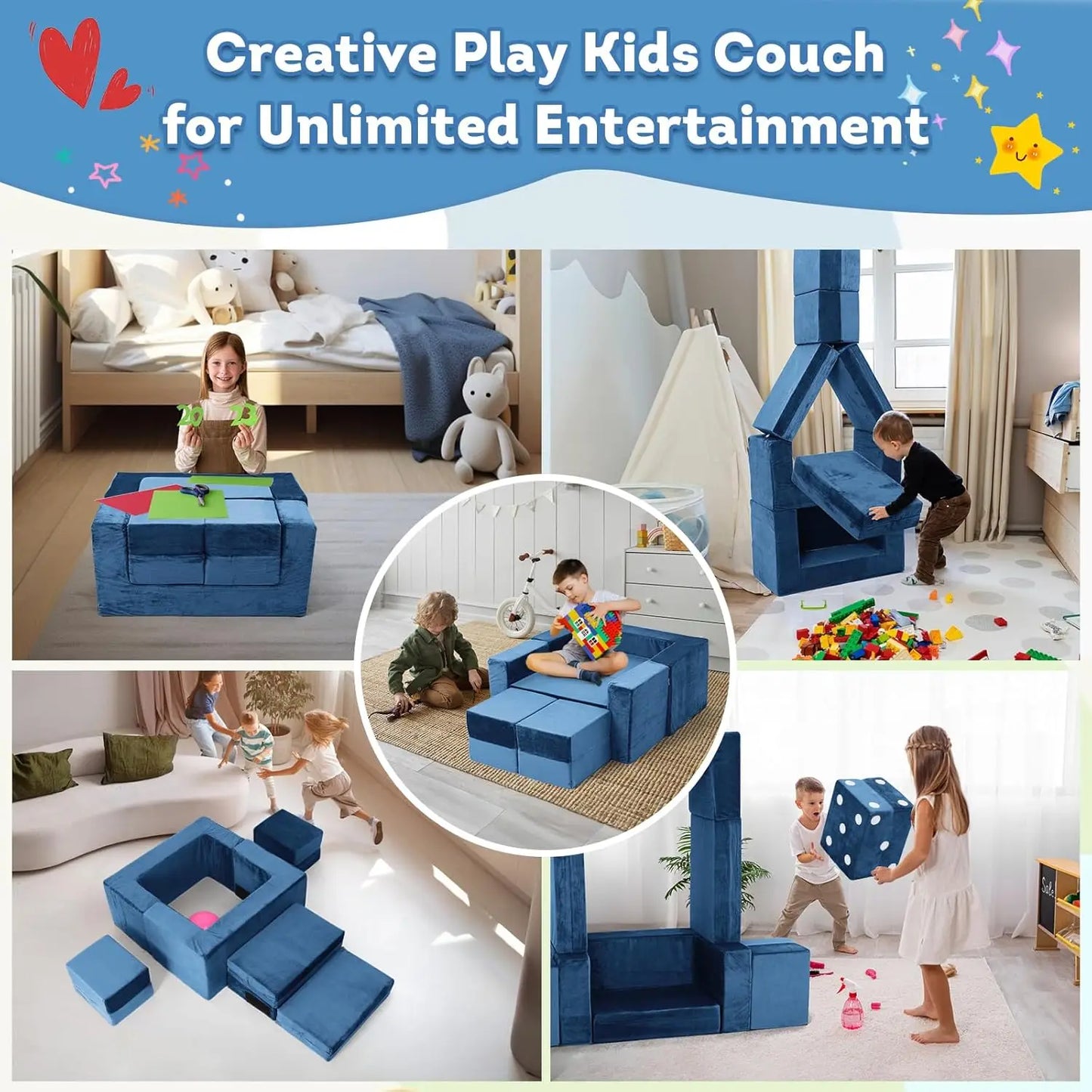 7-Piece Modular Kids Sofa Set, Convertible Toddler Play Couch for Creative Fun and Comfortable Sleeping, Blue