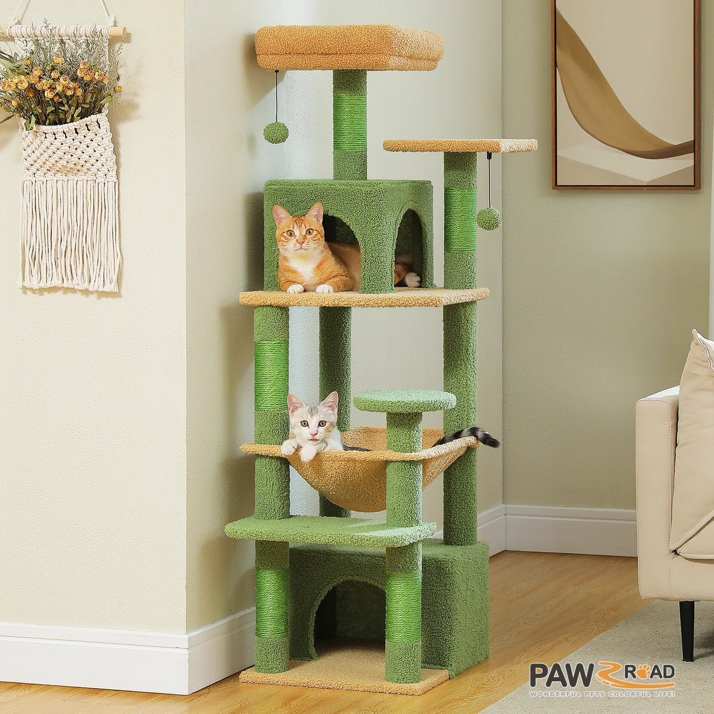 6-levels Cat Tree Tower with Joyful Pompom,Cozy Hammock,Double Condos,2 Top Perches,5 Scratching Posts Perfect for Indoor Cats