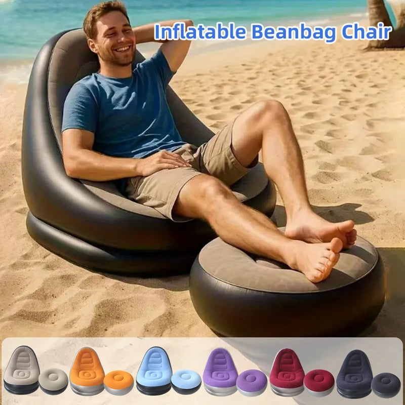 6 Colors Inflatable Lazy Sofa with Footstool Portable Beach Lounge Chair Foldable Air Mattress Outdoor Camping Sleeping Pad