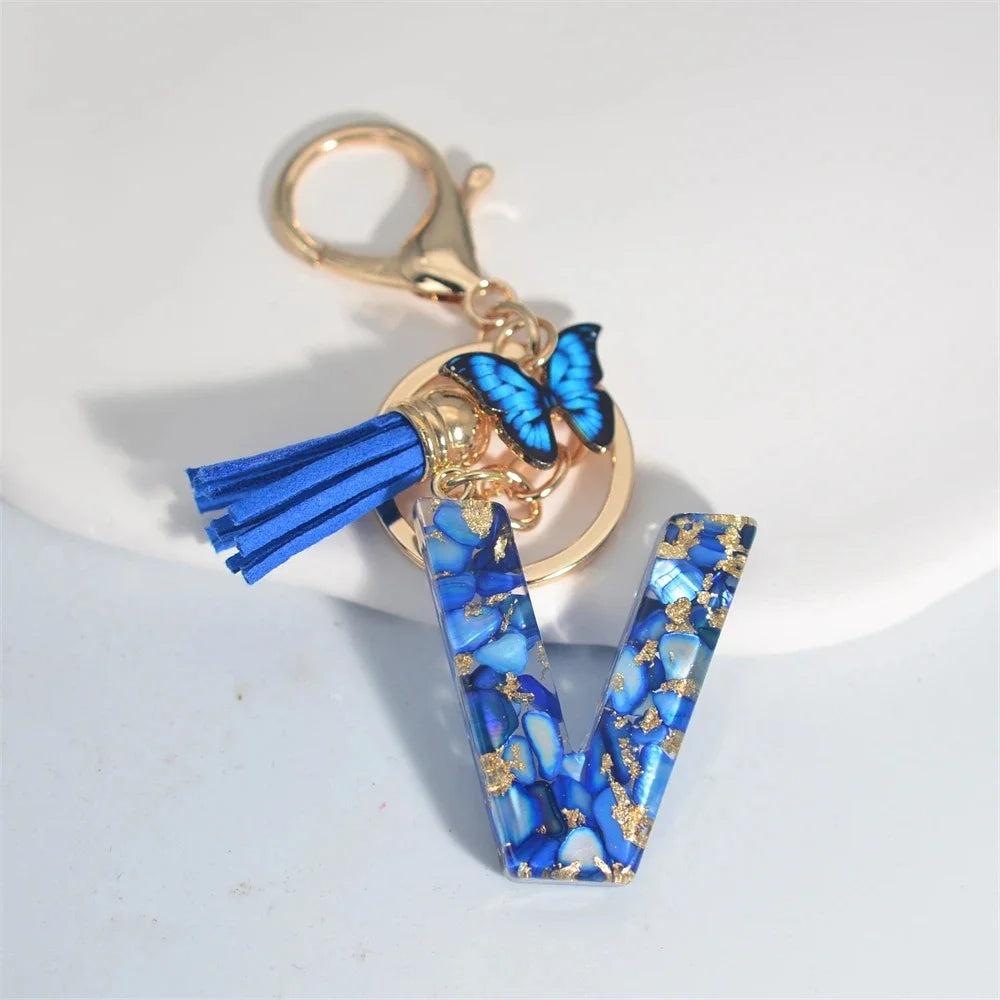 4. Fashion A–Z Letter Keychain with Blue Stone and Butterfly Tassel Pendant