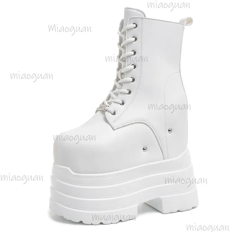 Height Increasing Women's High Boots Black Leather Thick Bottom Platform Shoes Side Zip Gothic Punk Short Boots Street Style