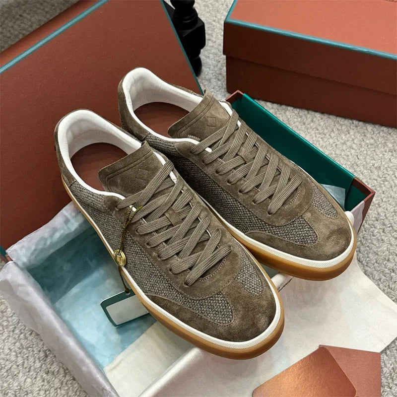 Men's Genuine Leather Lace Up Round Toe Trainer Shoes White