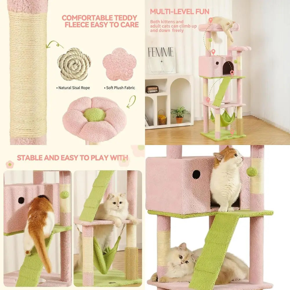 65 Pink Large Cat Tree with Extra Condo, 2 Perches, Hammock & 6 Sisal Posts