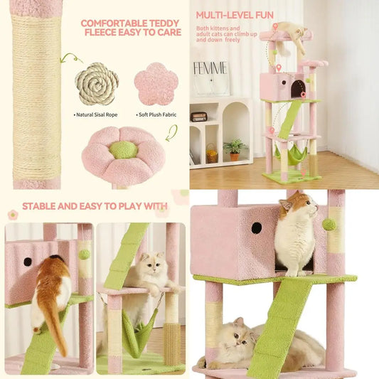 65 Pink Large Cat Tree with Extra Condo, 2 Perches, Hammock & 6 Sisal Posts