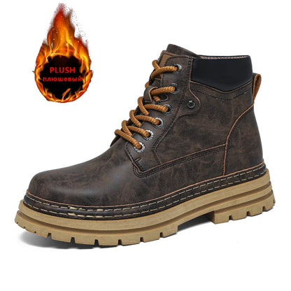 Men's Winter Snow Boots Leather Plush Lining Ankle High Lace Up
