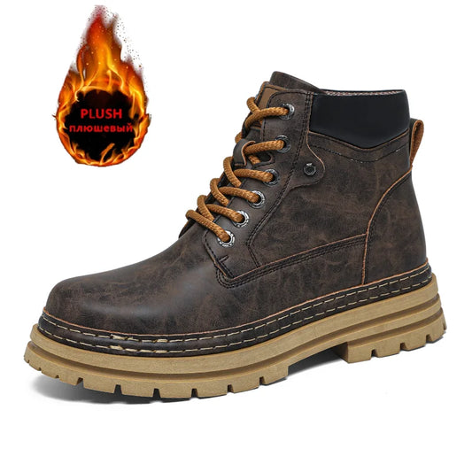 Men's Winter Snow Boots Leather Plush Lining Ankle High Lace Up