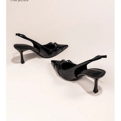 Women Black Pointed Toe Stiletto High Heel Shoes Back Strap Buckle Decor