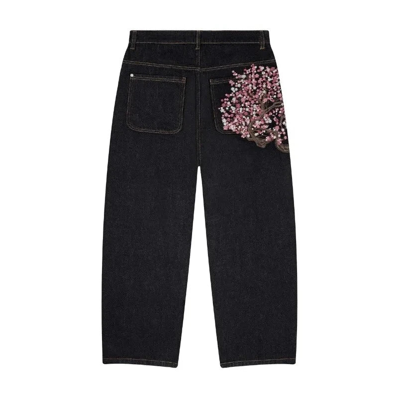 Unisex Denim Jeans With Plum Blossom Embroidery Wide Leg