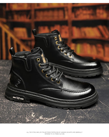 Brown Leather Mens Ankle Boots Lace Up Platform Outdoor