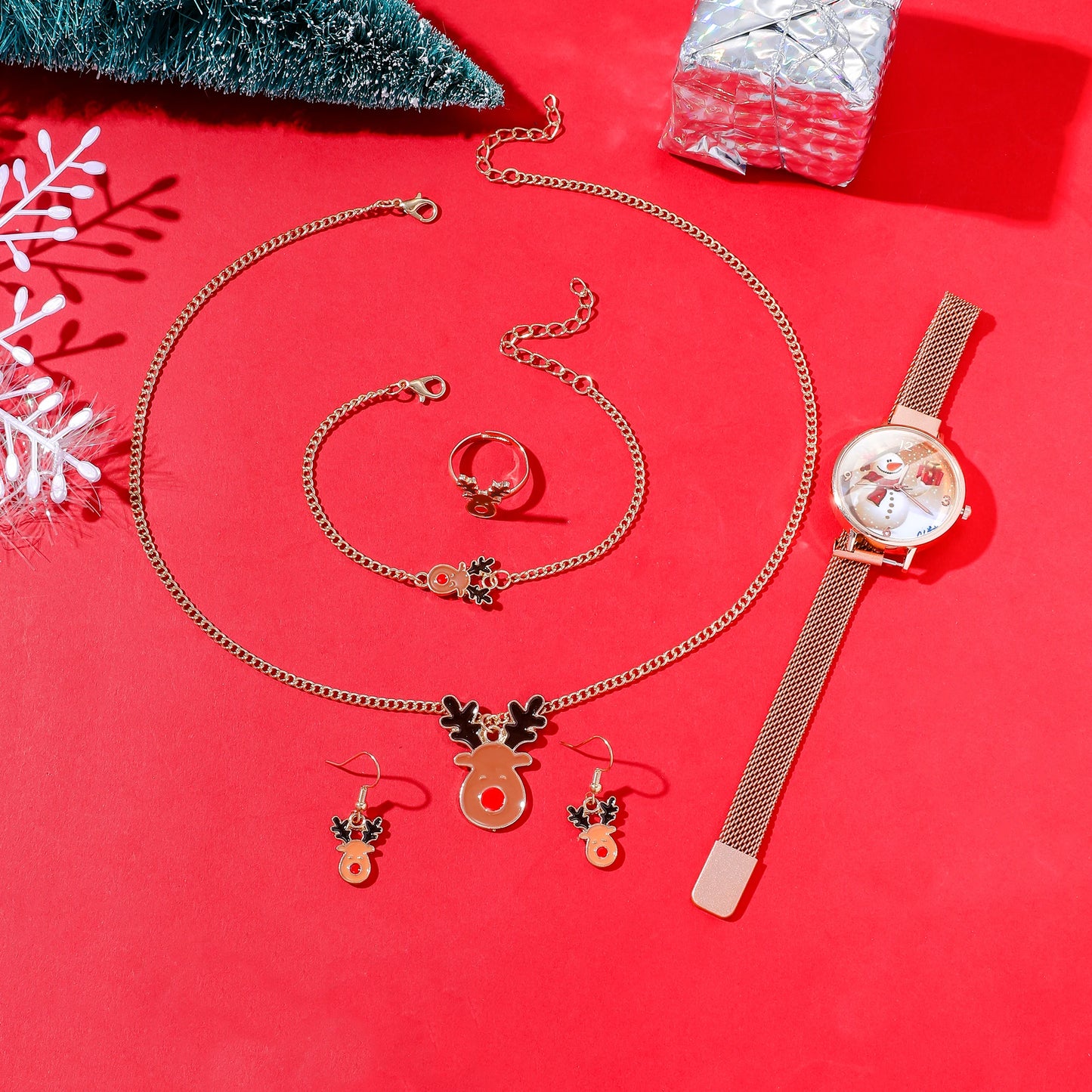 Festive Quartz Watch Accessory Set – Snowman & Reindeer Pattern