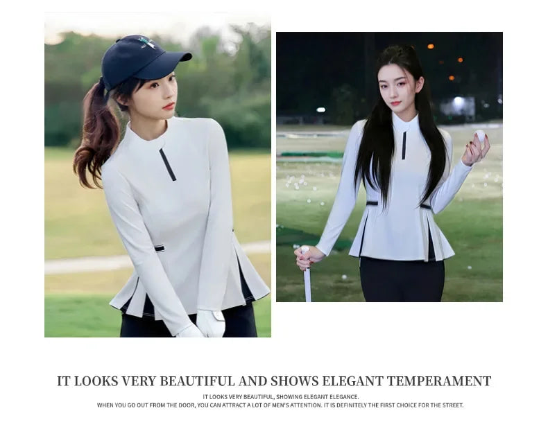 2025 New Golf Shirt Women Long Sleeve Zipper Collar T-Shirt Ladies Slim Pleated Golf Tops Breathable Casual Tennis Sportswear