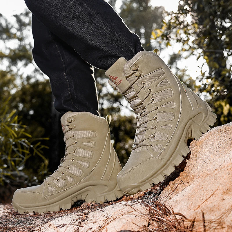 High-Top Leather Men's Boots Breathable Desert Combat Boots Outdoor Non-slip Hiking Boots Men Motorcycle Boots Work Ankle Boots