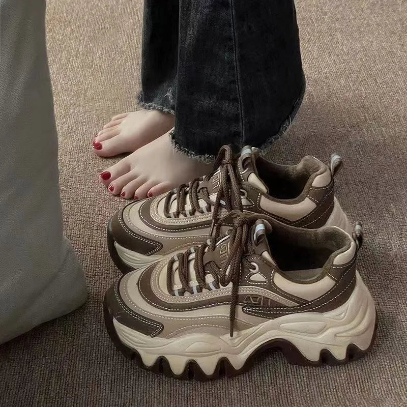 Sneakers Women Casual White Shoes 8CM Fashion Height Increasing Thick Bottom Spring Platform Leather Woman Chunky Sneakers 2024