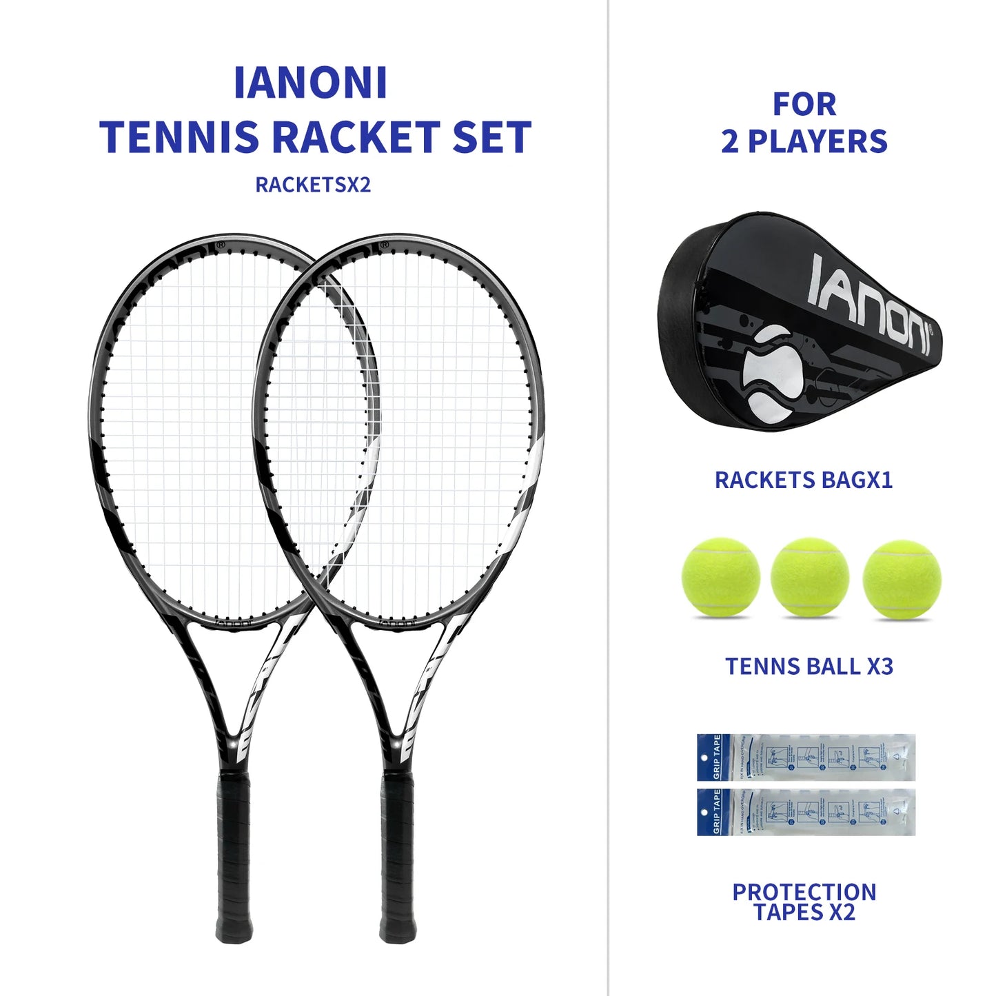 Tennis Rackets for Adults, Pre-Strung 27 Inch Tennis Racquets-2 Player Tennis Racket Set with 3 Balls,2 Grips, 2 Vibration Dampe