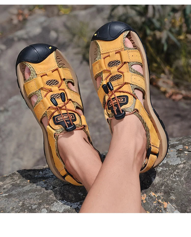 Men's Leather Sandals Handmade Thick Rubber Sole Breathable Slip On