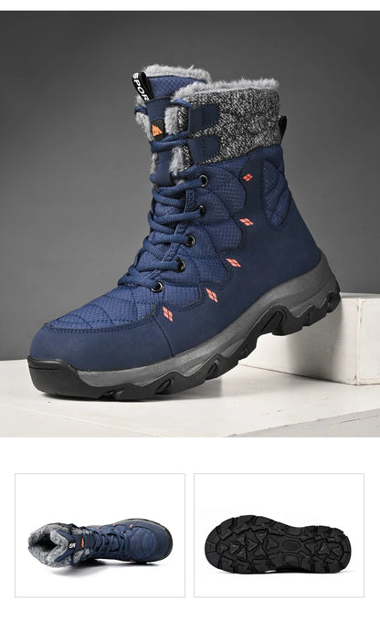 Men's Winter Snow Boots Leather Waterproof Mid-Calf Plush Lining Lace-Up