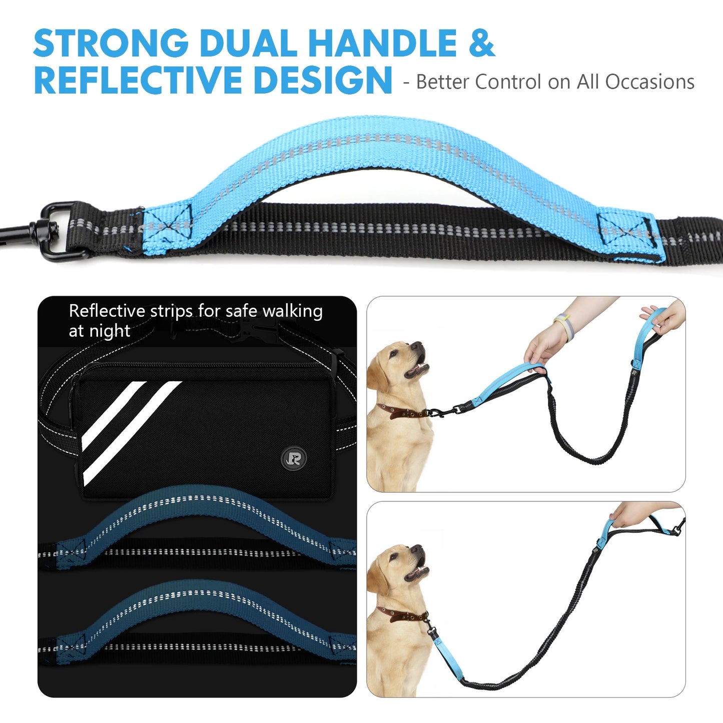 Hands Free Dog Leash with Zipper Pouch, Dual Padded Handles and Durable Bungee for Walking, Jogging and Running Your Dog