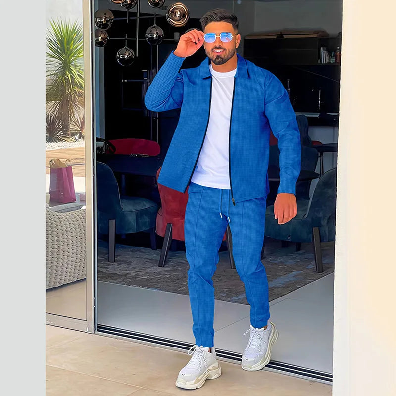 2024 men's new waffle long-sleeved lapel zipper cardigan casual sports suit