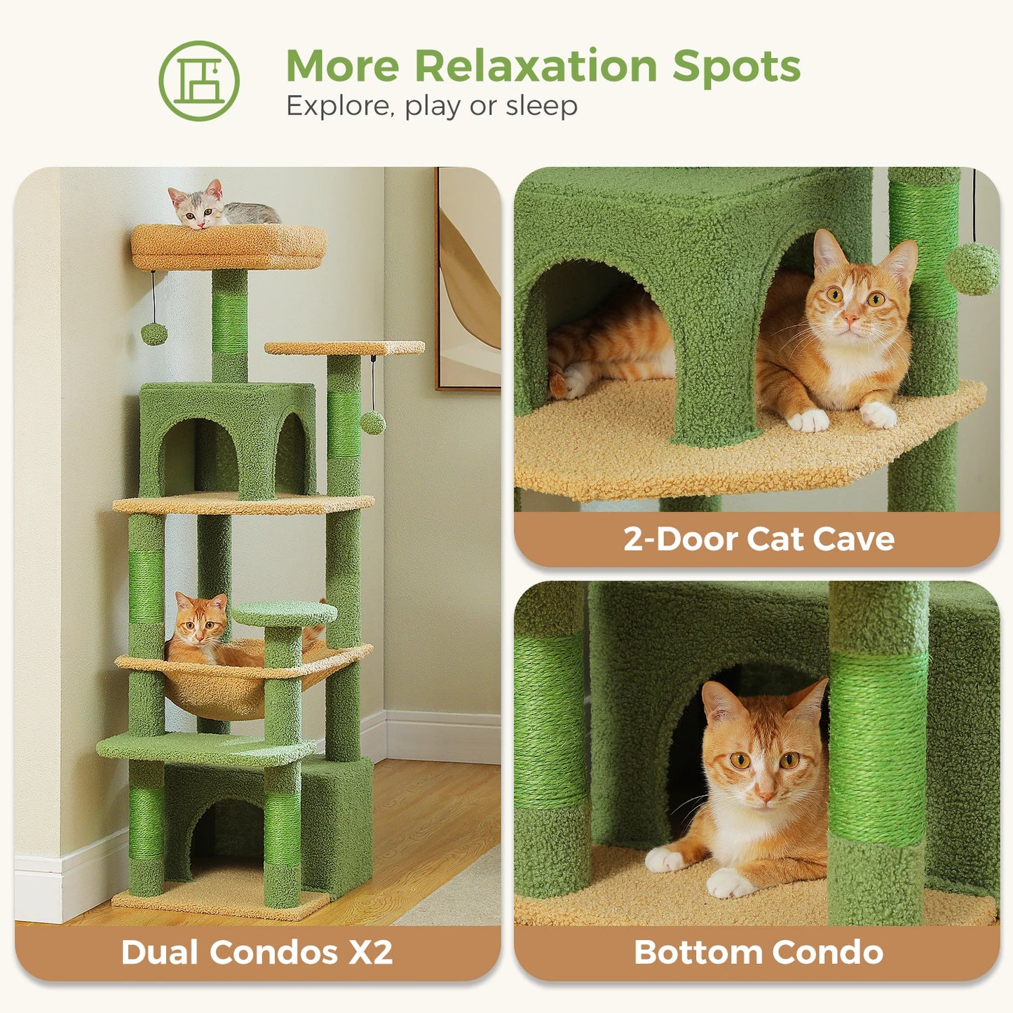 6-levels Cat Tree Tower with Joyful Pompom,Cozy Hammock,Double Condos,2 Top Perches,5 Scratching Posts Perfect for Indoor Cats