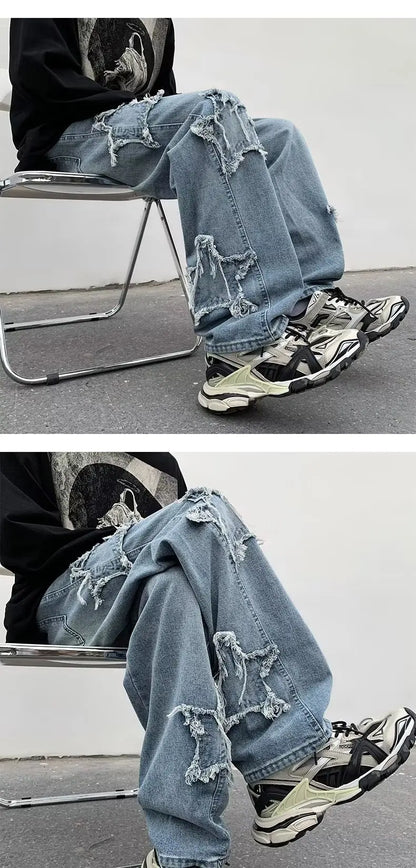 Men's Brown Cotton Jeans With Star Embroidery Straight Fit