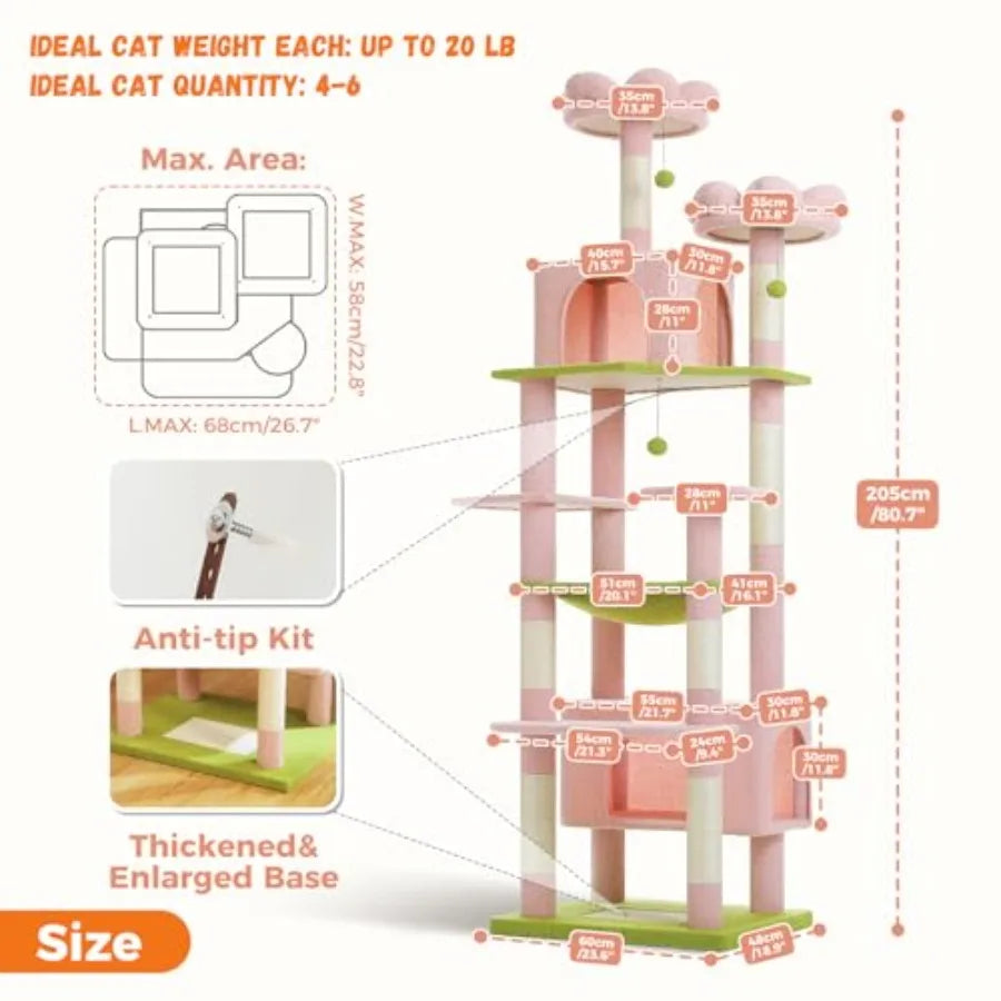 Flower Cat Tree for Large Cats 81 Inches Pink Tall Cat Tower with 2 Perches 2 Condos and Spacious Hammock XL Extra Large Condo